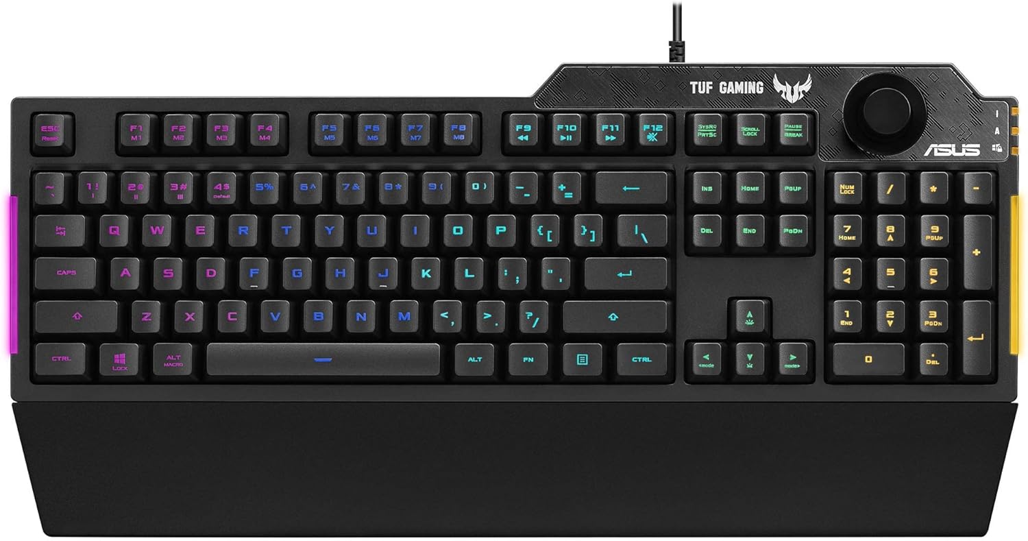ASUS Membrane Gaming Keyboard for PC - TUF K1 | Programmable, Onboard Memory | Dedicated Volume Knob, Aura Sync RGB & Side Lighting | Detachable Wrist Rest | Spill-Resistant | Highly Durable | Black