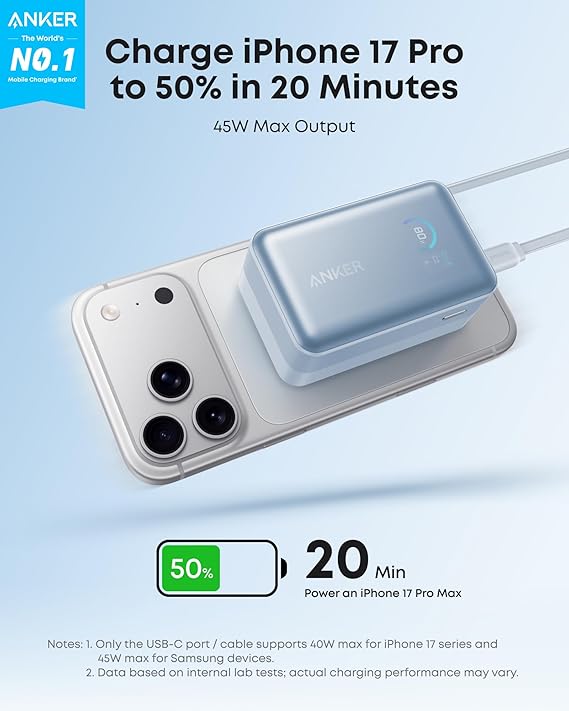 Anker Nano Power Bank, 10,000mAh Portable Charger with 2.3 ft InstaCord Retractable Cable, 45W Max Compact Battery Pack, Smart Display, for iPhone 16/17 Series, iPad, Galaxy, Pixel, and More (Blue)