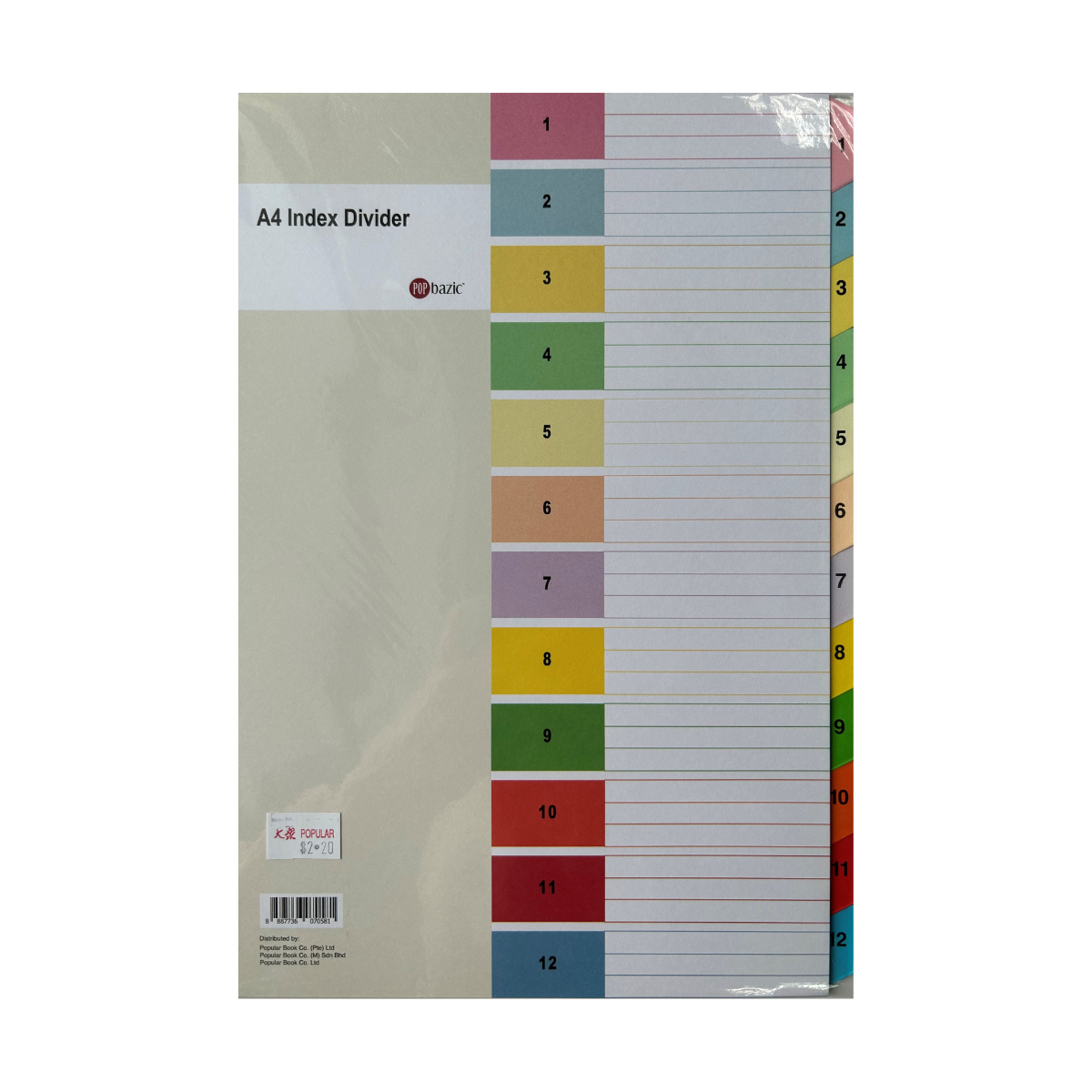 POP BAZIC Colour Index Divider A4 1-12 (12 Sheets)