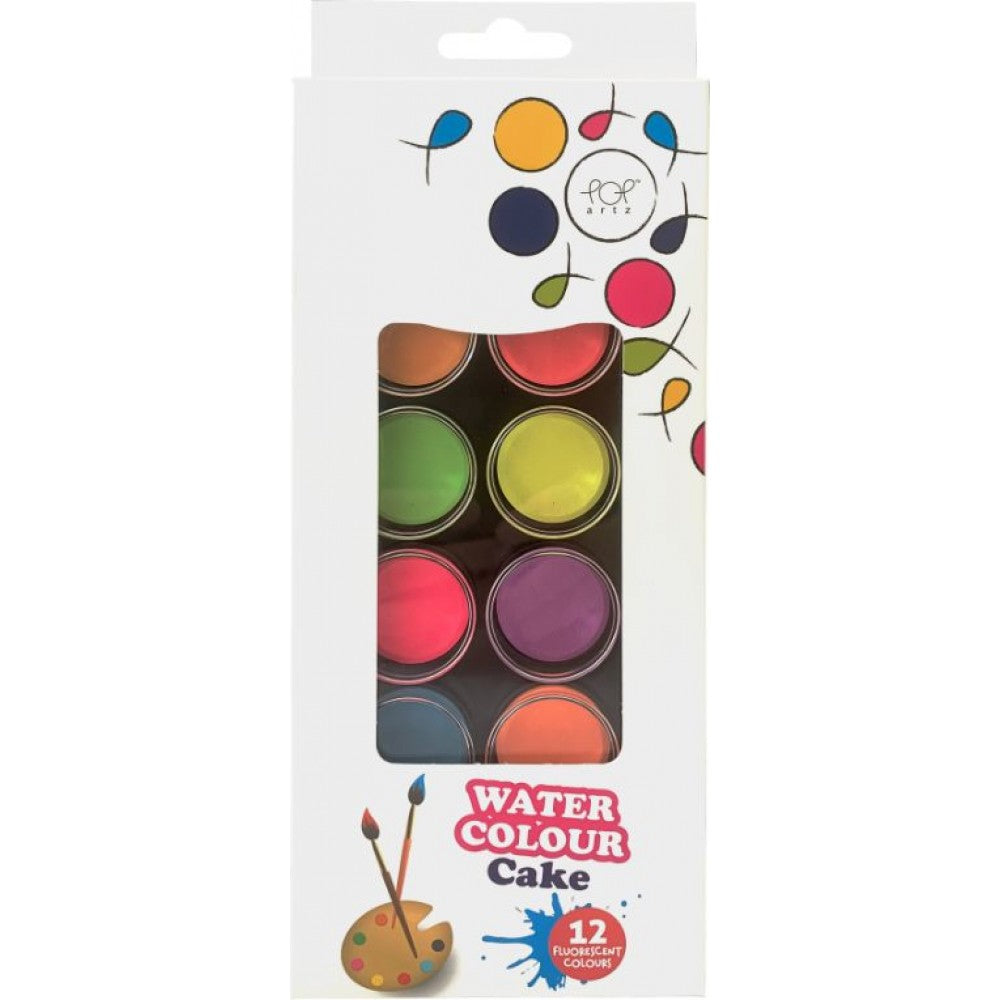 POP Artz Water Colour Cake with Brush - 12 Flourescent Colours