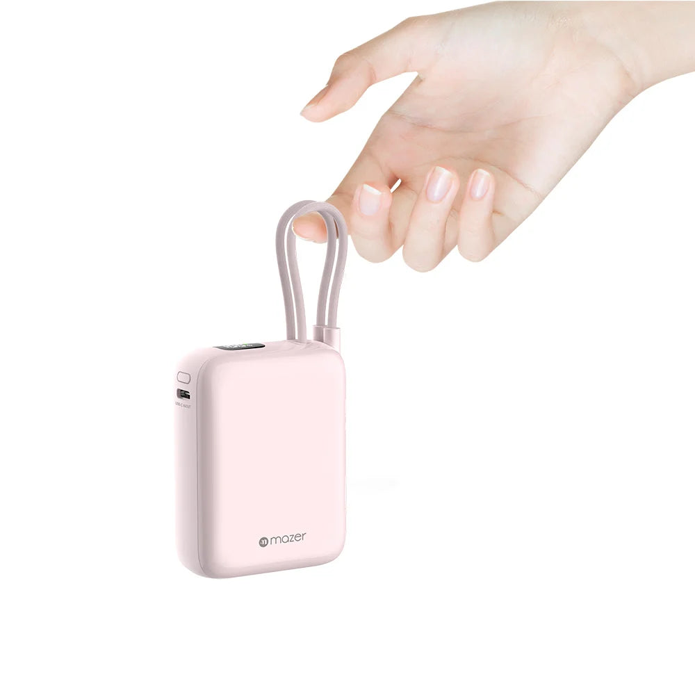 Mazer PowerCharge Nano Duo 10,000mAh PD35W Power Bank with Built-in Dual USB-C Cables (CCC + QR) - Pink