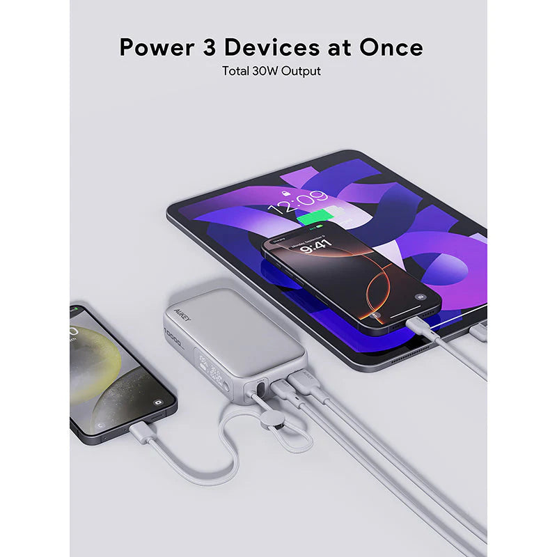 Aukey PB-Y47 Spark Sling 10000mAh Compact Fast Charging PB with Built-in USB-C Cable - White