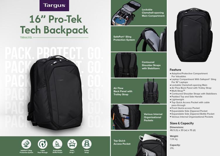 Targus TBB663GL - 70 16” Pro-Tek® Tech Backpack - Black