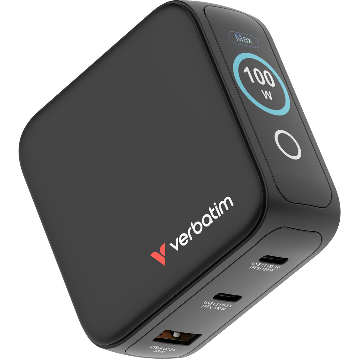 Verbatim 3-Port 100W Mini GaN Charger with Display (US/EU/UK/AU) Black