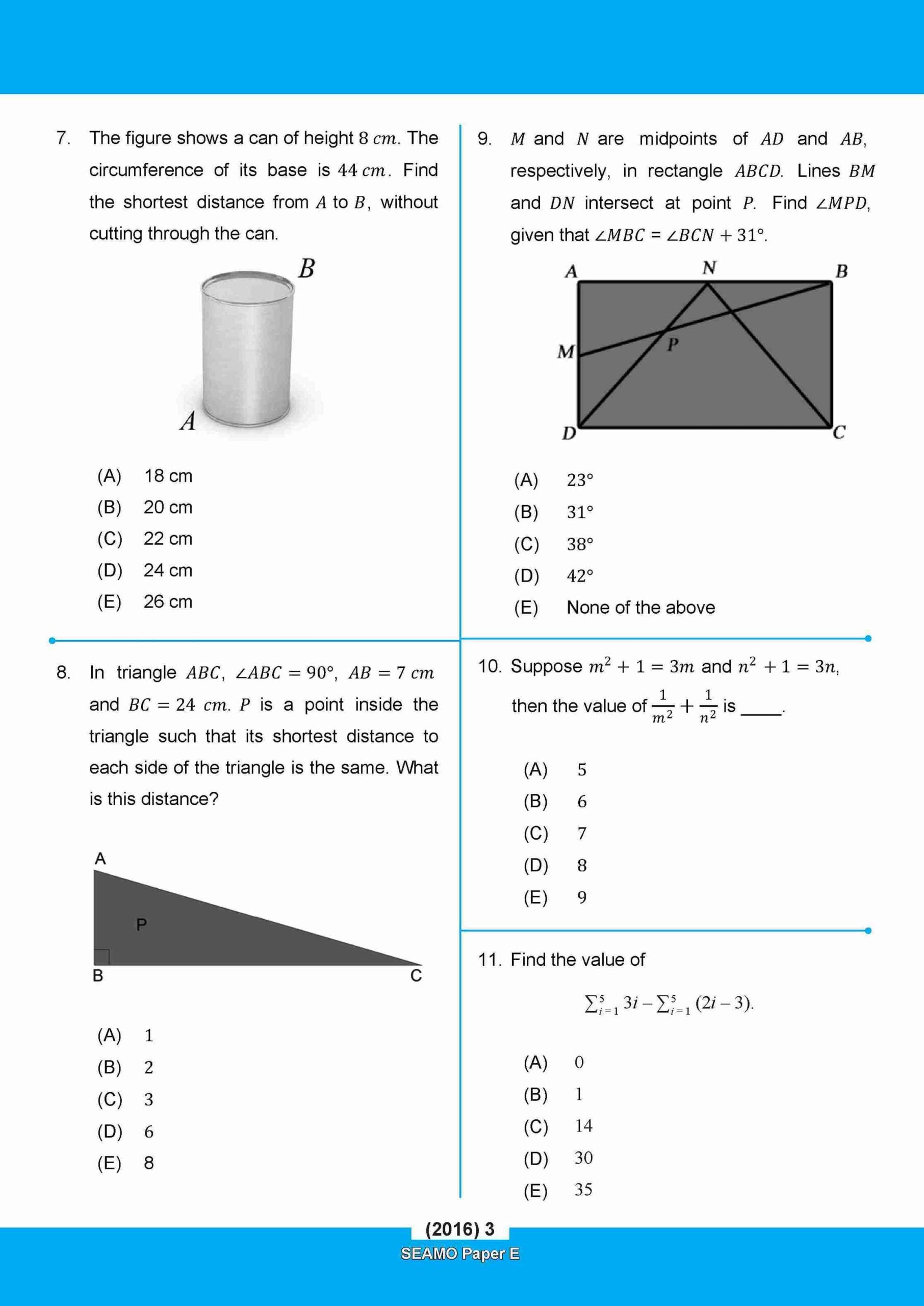 SEAMO Math Olympiad International Competition Preparation Paper E (SEAMO 2016-2025 + SEAMO X 2019-2026) Secondary 3&4