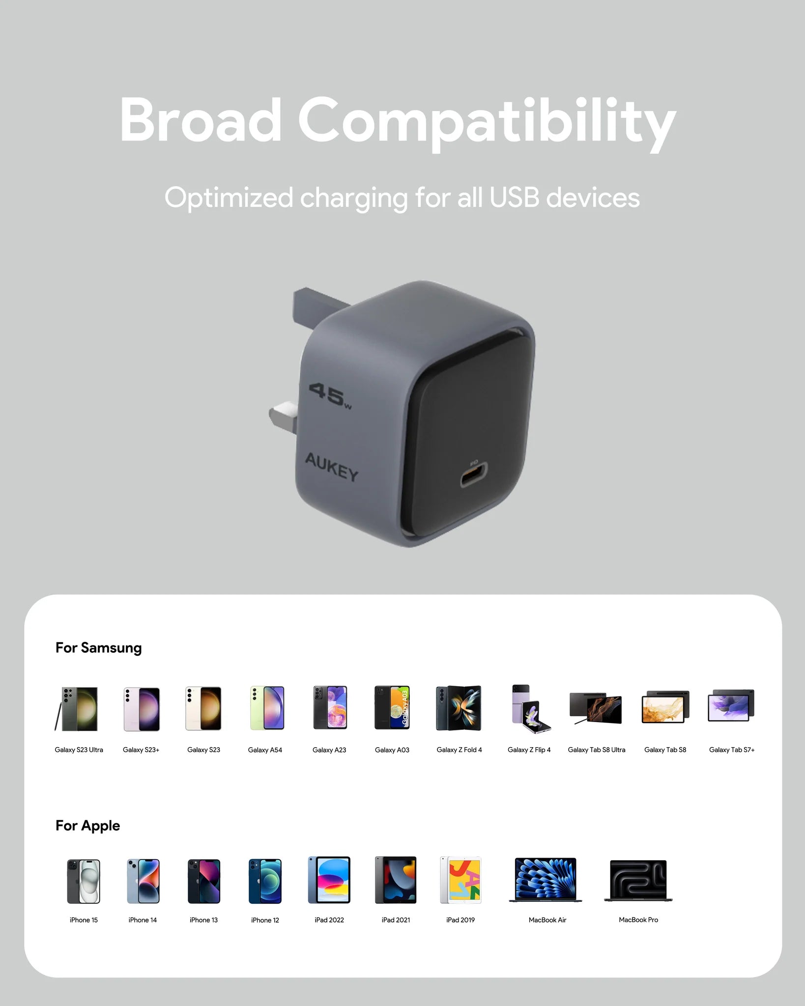 Aukey PA-C2 Comet 45W PD GaN Wall Charger with PPS for Macbooks & Mobile