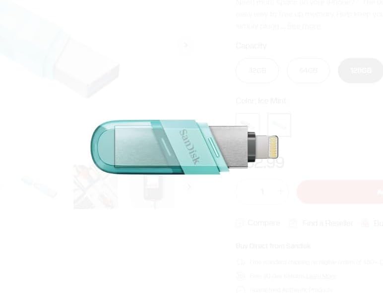 Sandisk SDIX90N-064G-GN6NK USB 3.0 iXpand Flash Drive Flip, 64GB - Mint Green