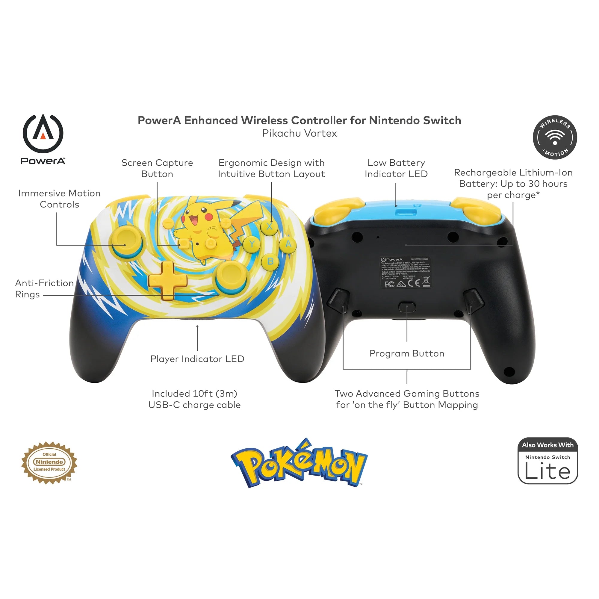 PowerA Enhanced Wireless Controller for Nintendo Switch - Pokémon: Pikachu Vortex (Officially Licensed)