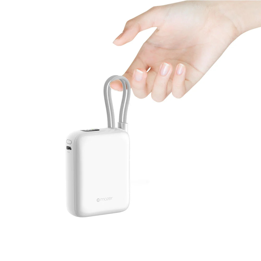 Mazer PowerCharge Nano Duo 10,000mAh PD35W Power Bank with Built-in Dual USB-C Cables (CCC + QR) - White