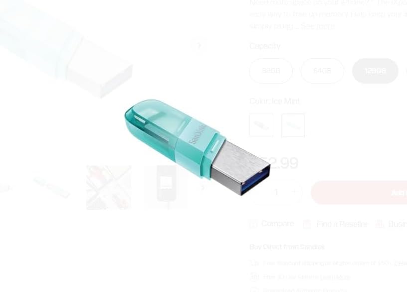 Sandisk SDIX90N-064G-GN6NK USB 3.0 iXpand Flash Drive Flip, 64GB - Mint Green