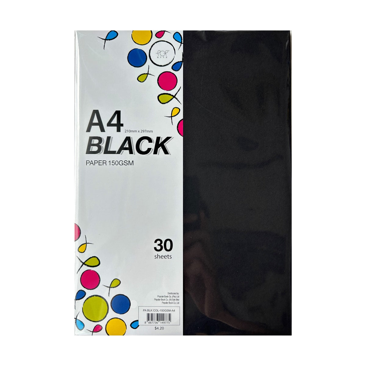 POP Artz Black Coloured Paper 150G A4 30'S