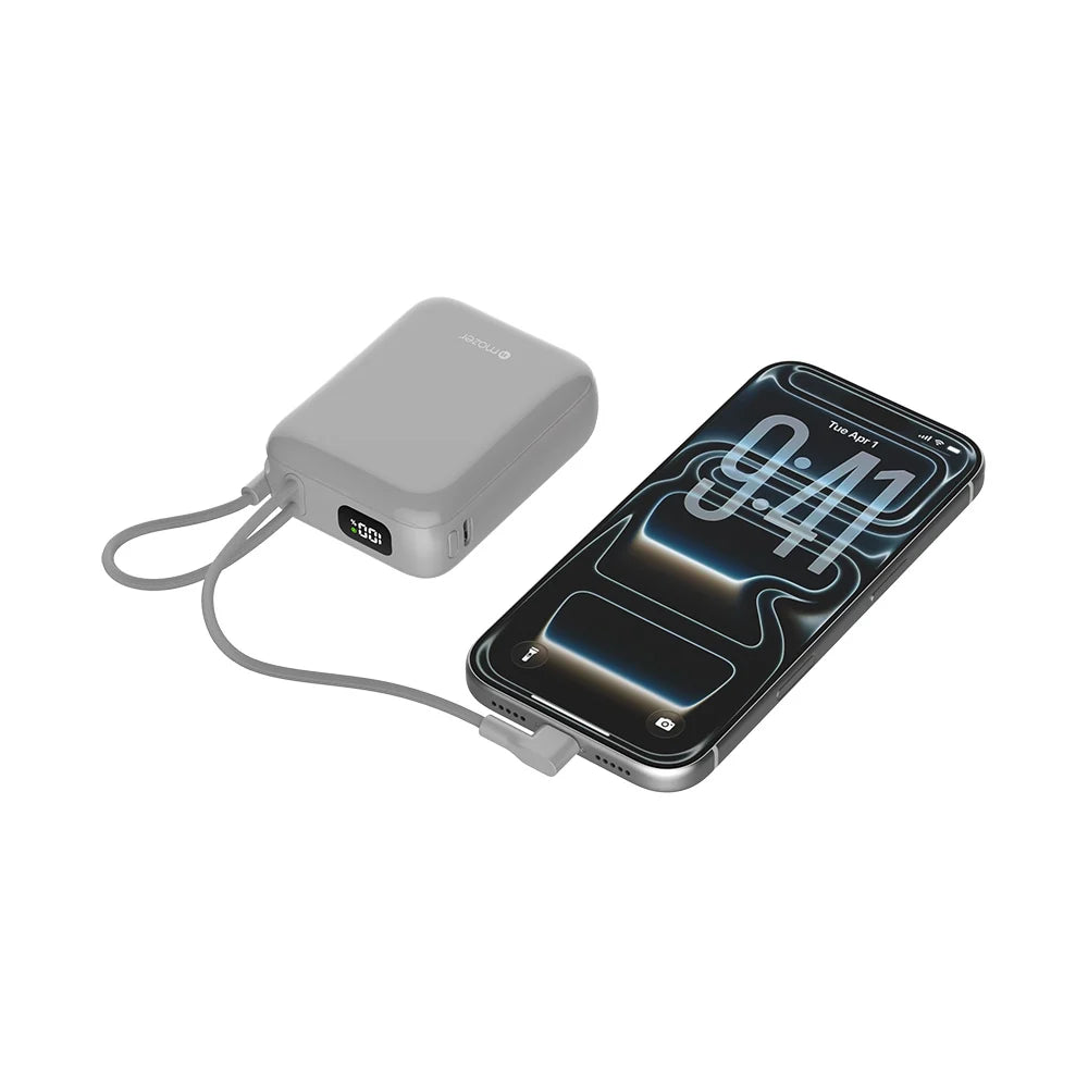 Mazer PowerCharge Nano Duo 10,000mAh PD35W Power Bank with Built-in Dual USB-C Cables (CCC + QR) - Grey
