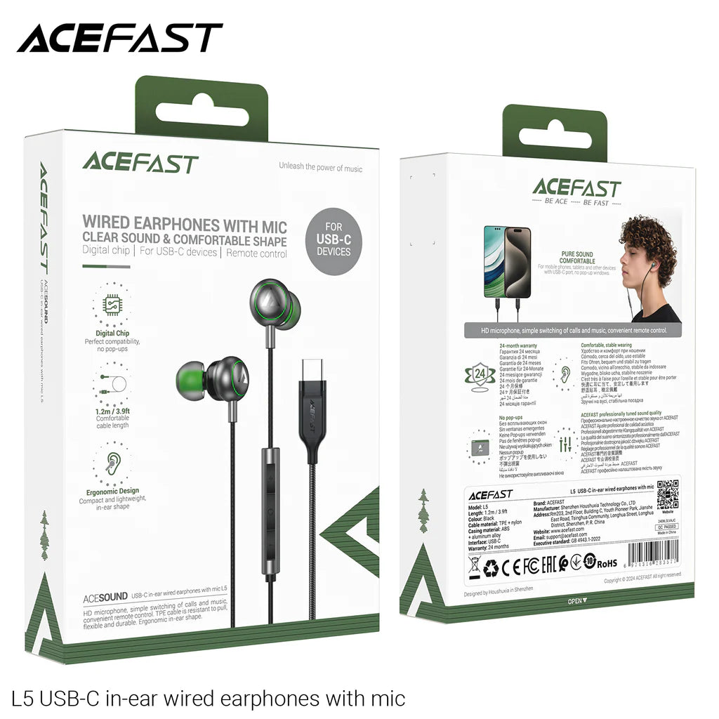 Acefast L5 USB-C In-Ear Wired Earphones With Mic – Black 