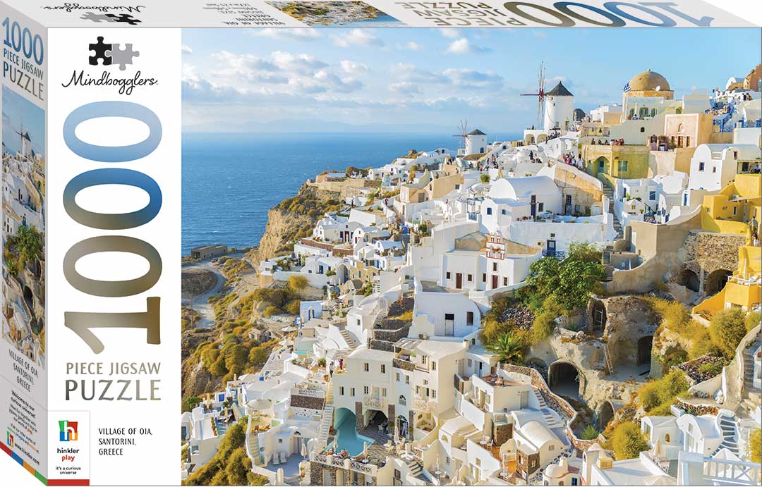 HINKLER MINDBOGGLERS 1000 PIECE JIGSAW PUZZLE VILLAGE OF OIA, SANTORINI, GREECE