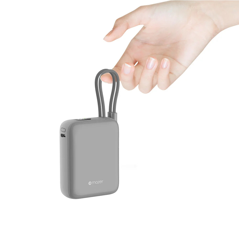 Mazer PowerCharge Nano Duo 10,000mAh PD35W Power Bank with Built-in Dual USB-C Cables (CCC + QR) - Grey