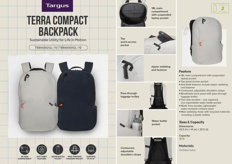 Targus TBB66004GL-70 16” Terra Compact Backpack - Gray