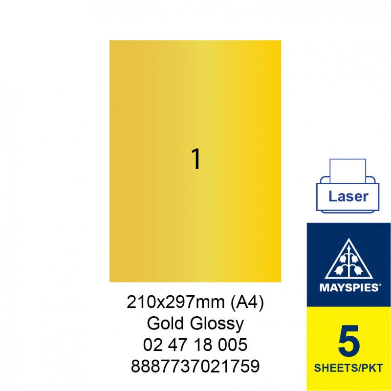 MAYSPIES LABEL 210X297MM GOLD GLOSSY 5'S