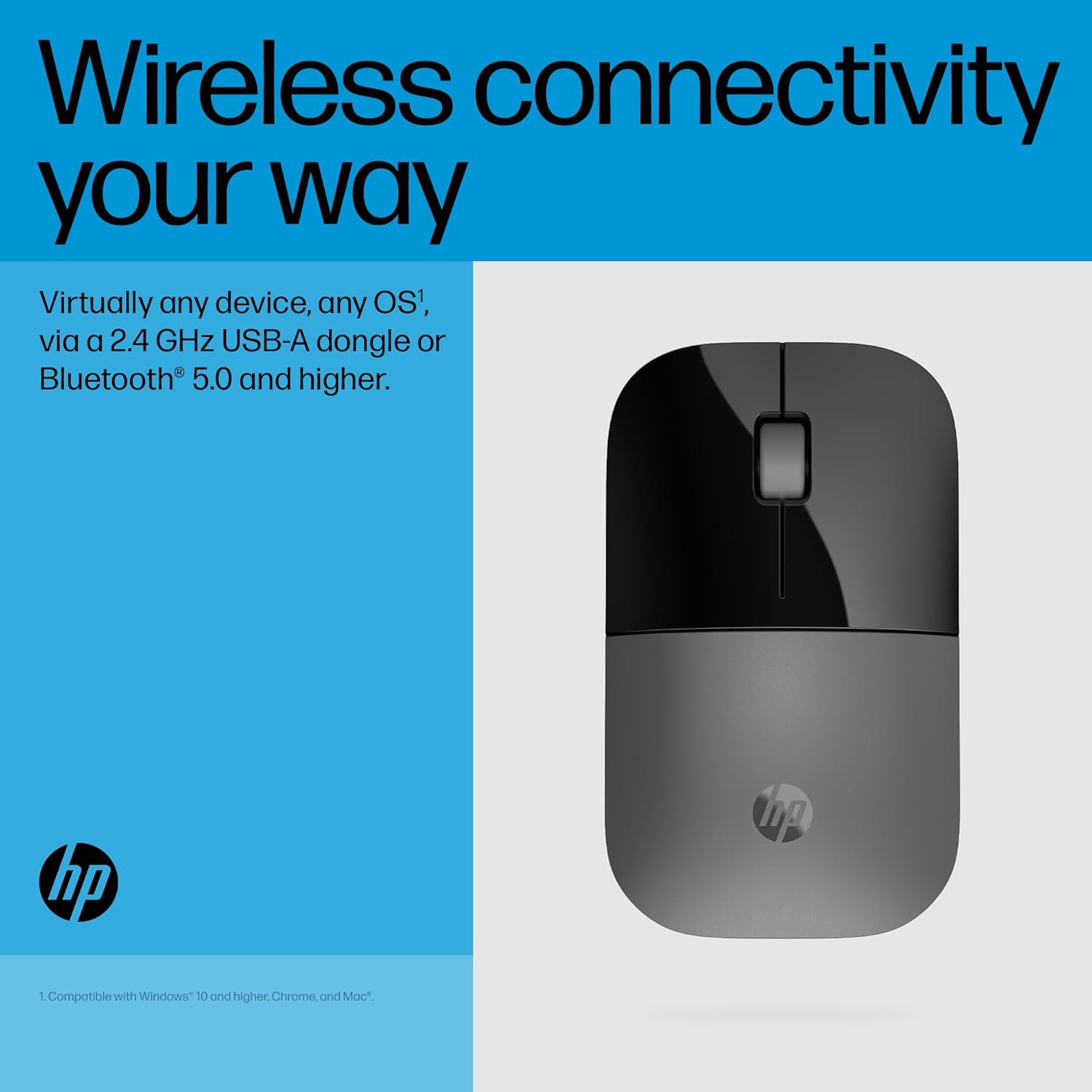 HP Wireless Mouse, Z3700, Quiet, Dual Wireless Mouse, Windows Mac, ChromeOS, Bluetooth Connection, 2.4 GHz Dongle, Silent Mouse (Silver)