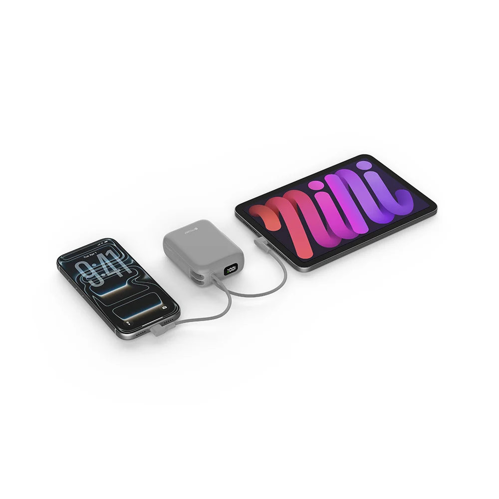 Mazer PowerCharge Nano Duo 10,000mAh PD35W Power Bank with Built-in Dual USB-C Cables (CCC + QR) - Grey